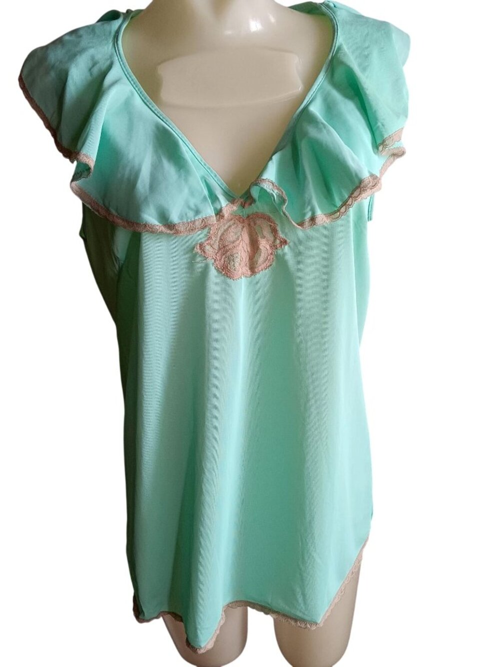 True Vintage Nightie Top Medium Mint Green Sleeveless W/ Ruffle Collar Pink Lace